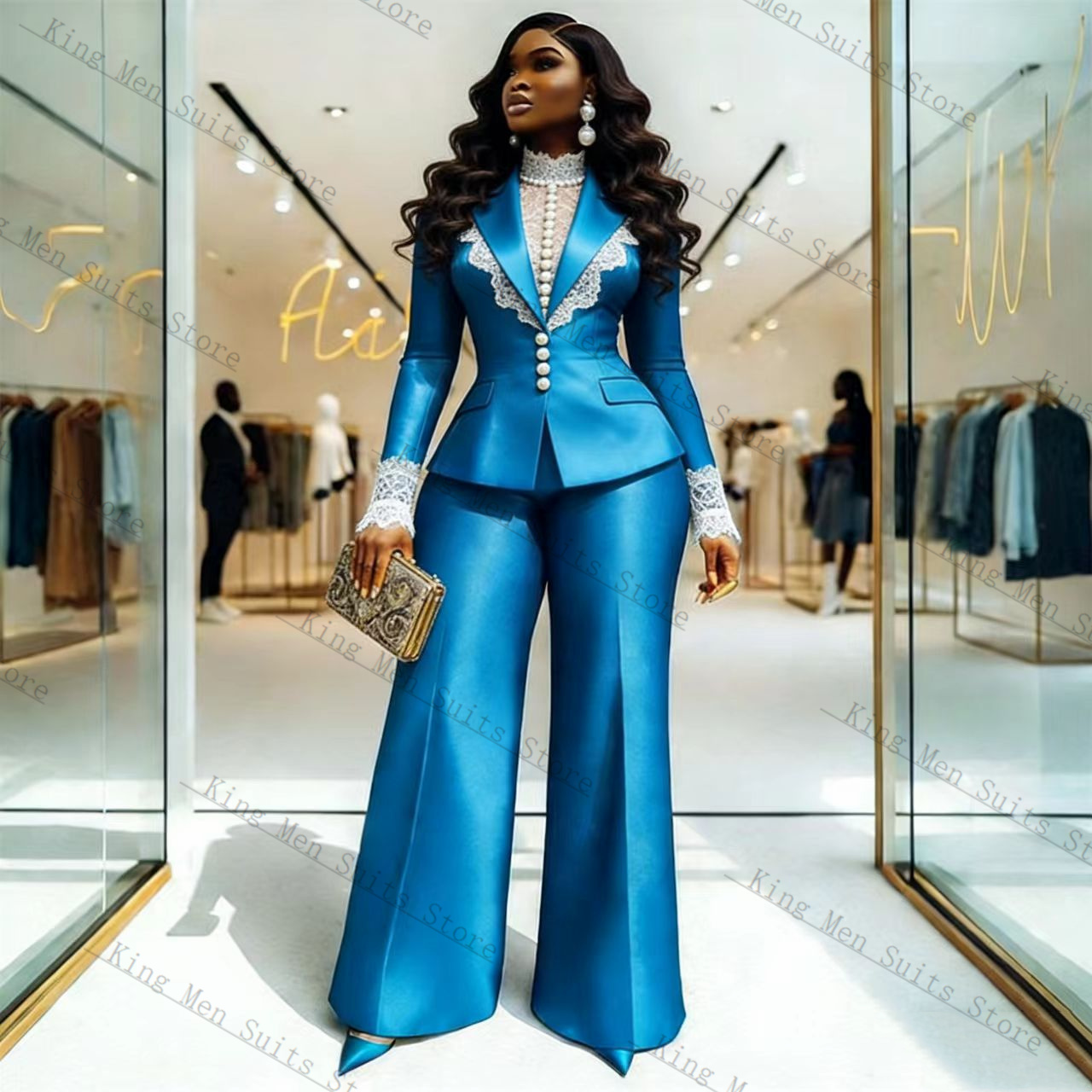 Women Formal Wear Blazer Set - Ensemble de costume en dentelle satinée