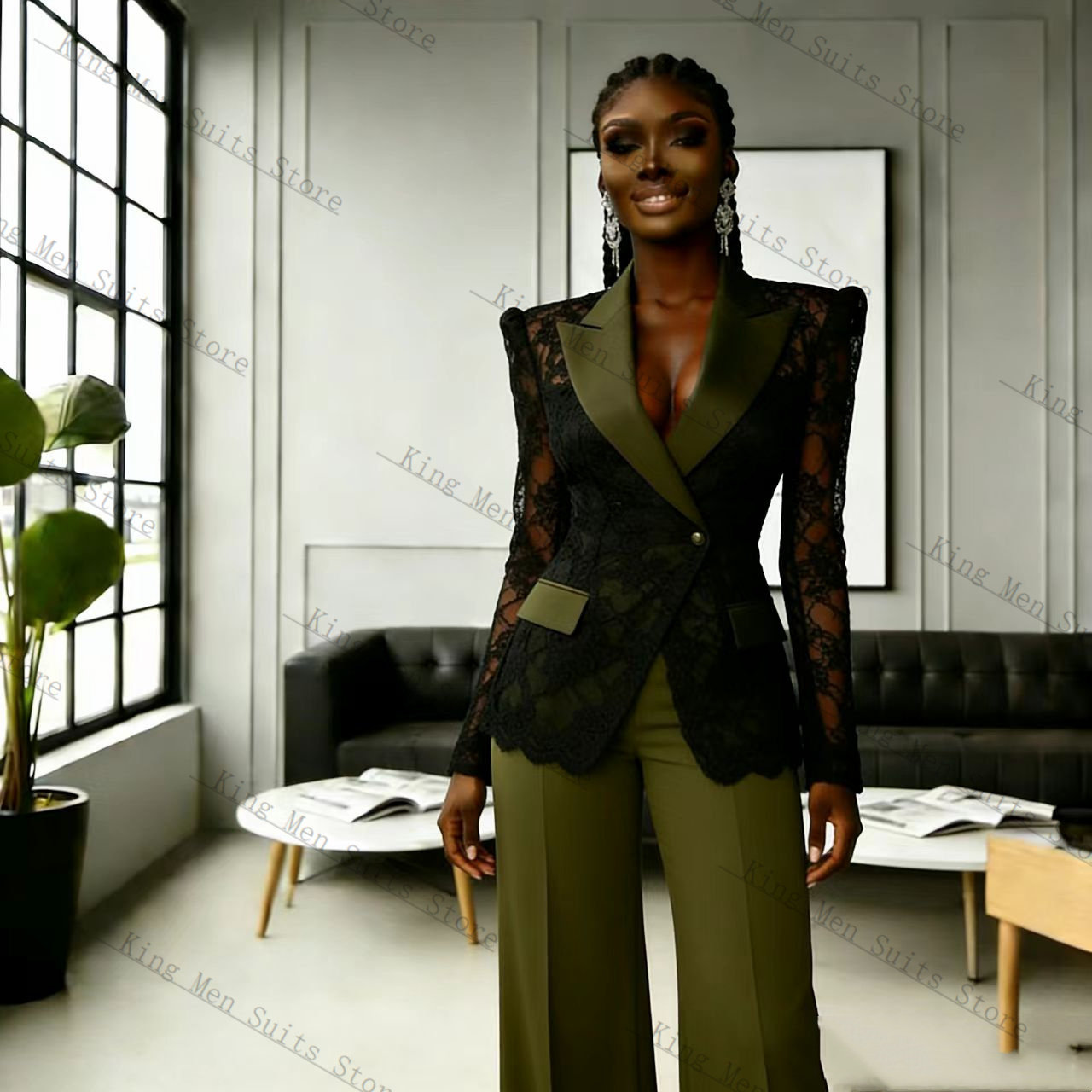 Women Formal Wear Blazer Set - Ensemble tailleur femme vert et noir
