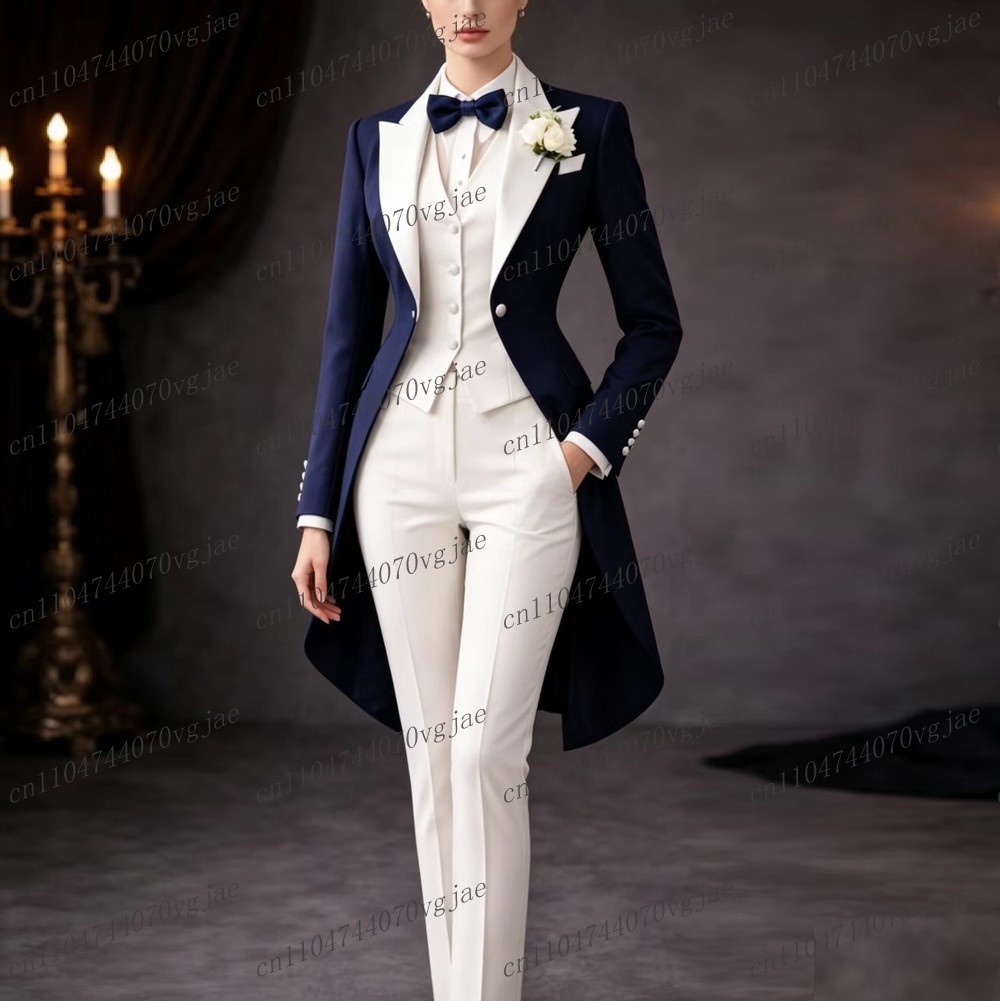 Blazer Set Women Formal - Costume long bleu marine et blanc